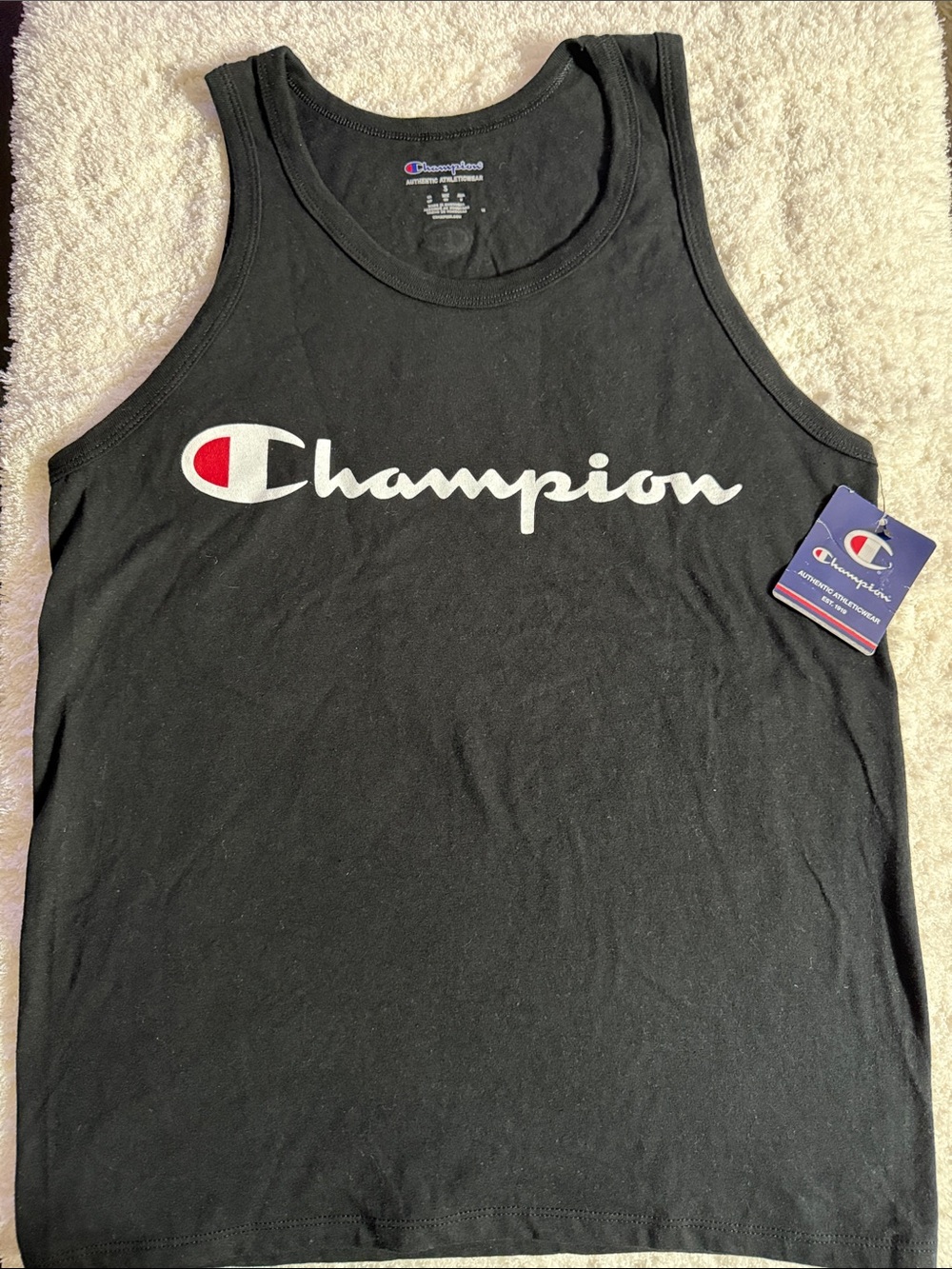 NWT-Small Champion Black Tank Top with White Script and Red Accent